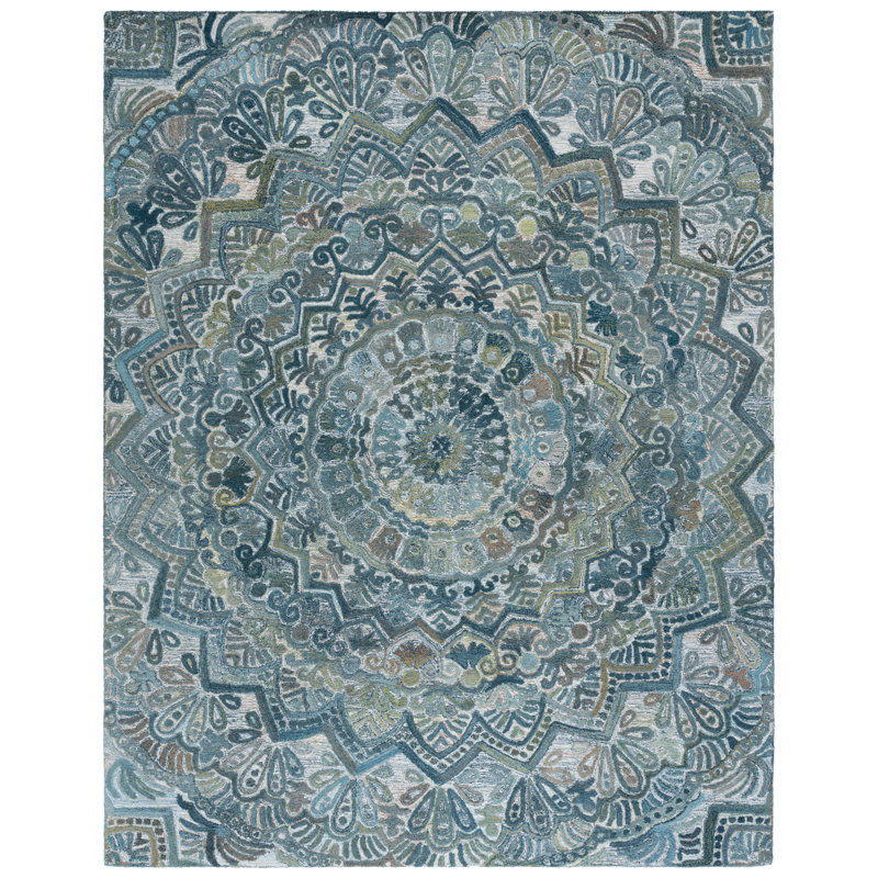 Tapis floral en laine touffeté à la main de couleur turquoise / vert Loura, Rectangle 8 pi x 10 pi