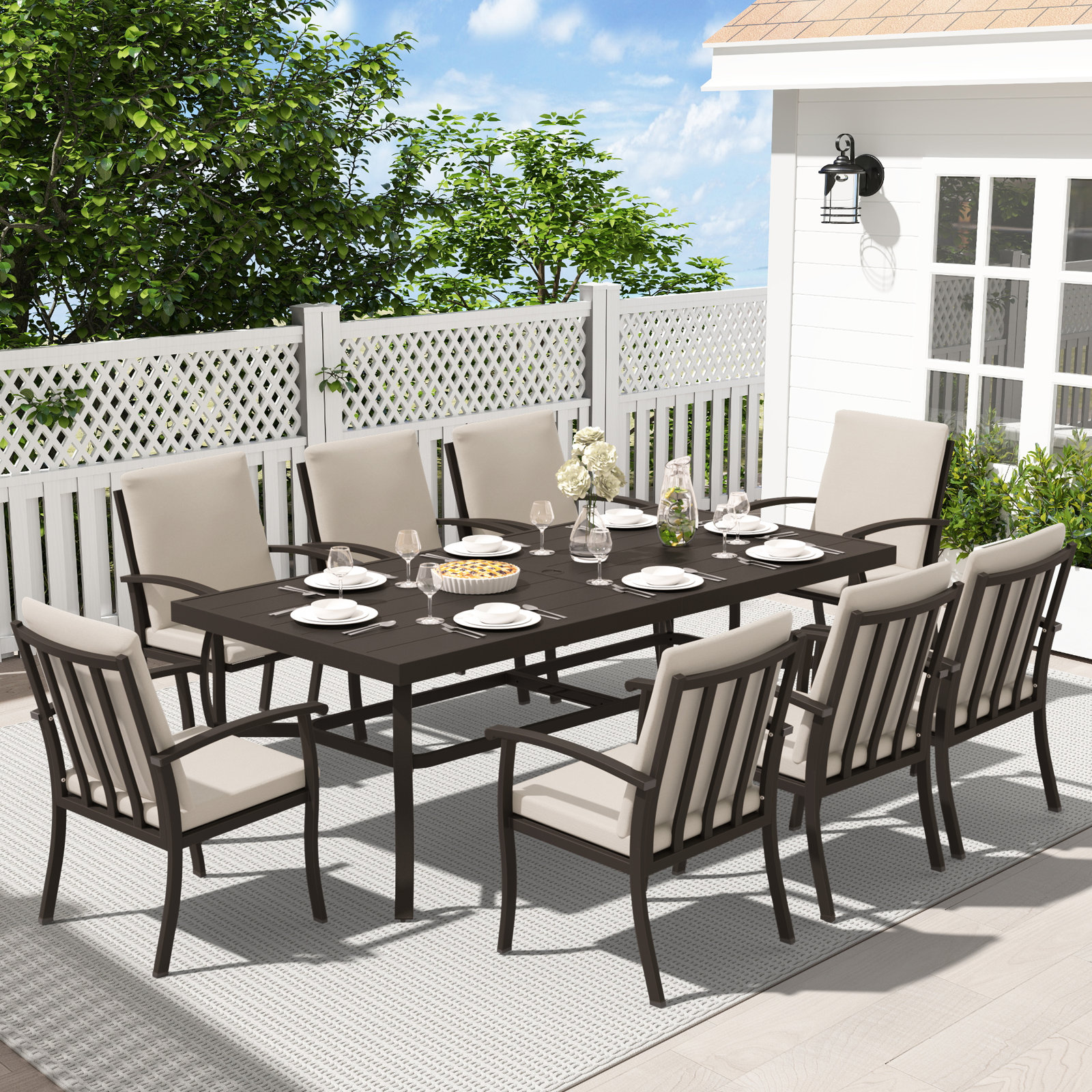 Willesden Rectangular Aluminum Dining Set with Cushions, Dark Brown, 8