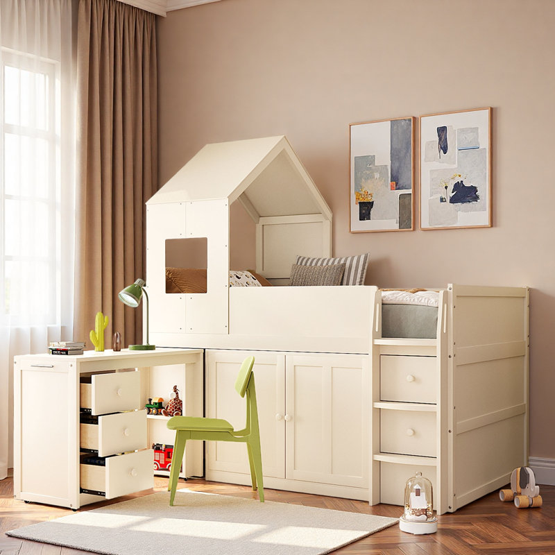 Lit mezzanine en bois avec bureau, tiroirs et armoires, Beige