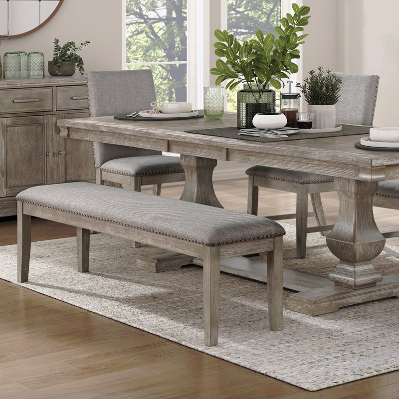 Banc de salle à manger avec esthétique traditionnelle, siège en lin gris, garniture cloutée, cadre brun en bois, profondeur d'assise de 16,5 po, banc rustique de 63,5 po de largeur, revêtement massif, hauteur de 20 po