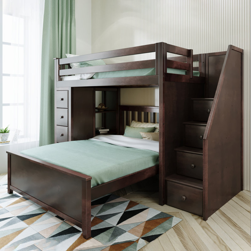  Helfriede Solid Wood 8 Drawer L-Shaped Bunk Bed, Espresso, Twin over Full