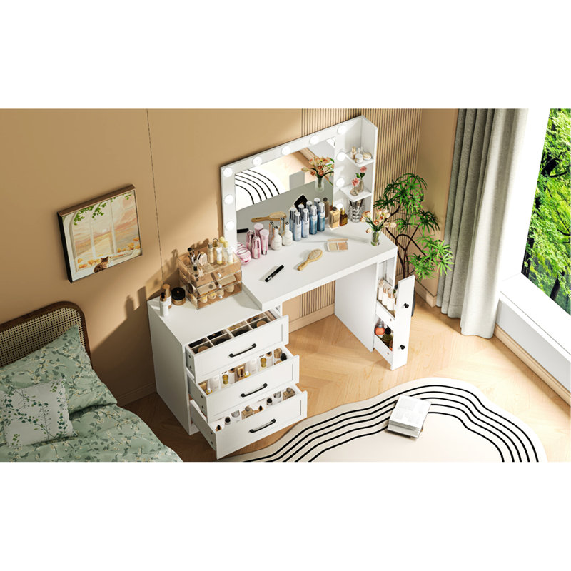 Table de maquillage 55,2 po avec armoire latérale et 2 tablettes, meuble-lavabo blanc élégant avec 5 tiroirs de rangement