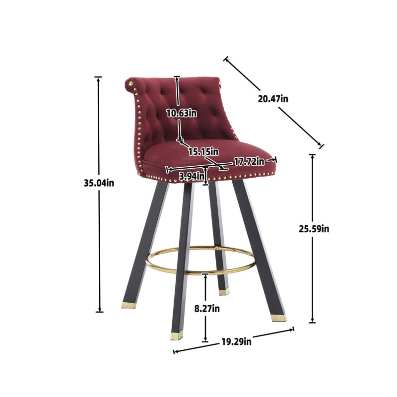 COOLMORE Set Of 2,Back Pull Point Design, Velvet Material, 360 Degree Rotation, Back Pull Loop Detachable Design, Rivet Decoration, Square Foot Wooden Bar Chair