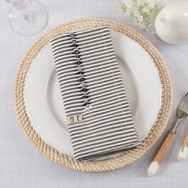 Black and White Stripe Hemstitch Cotton Table Napkins, Set of 4
