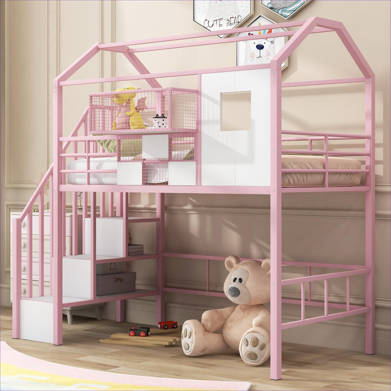 Structure de lit mezzanine simple avec toit et boîte de rangement latérale intégrée, construction robuste en métal massif, rose classique