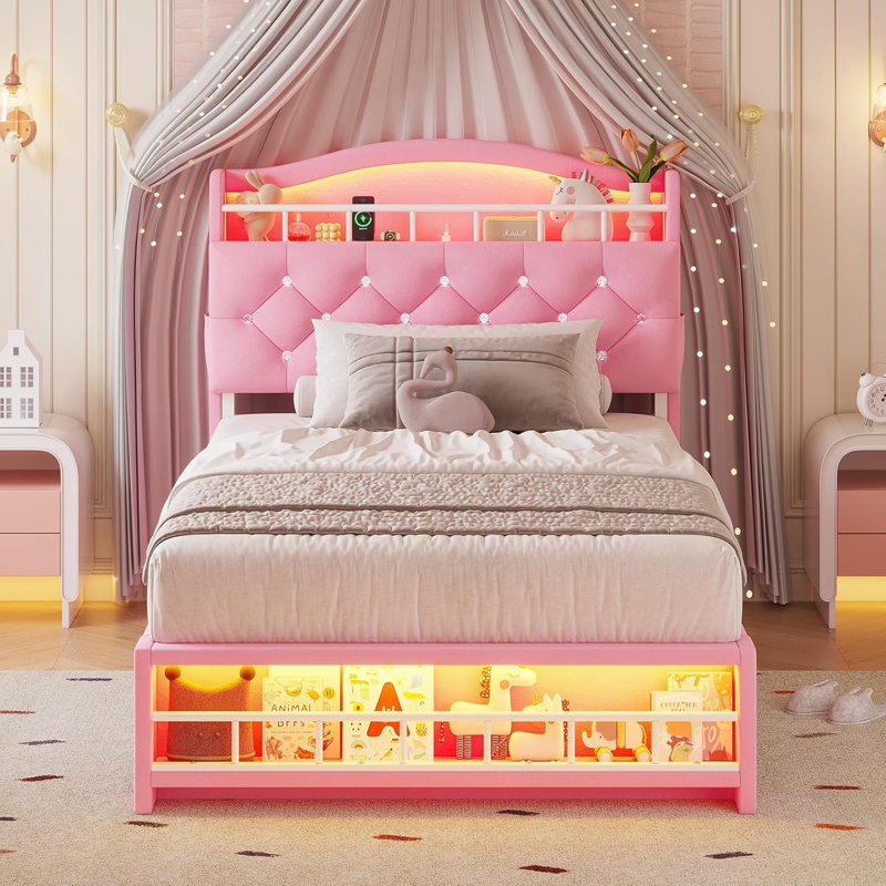 Princess Bed Frame With Led Lights And Charging Station, Velvet Upholstered Platform Bed With Headboard & Guardrail & Crystal Button