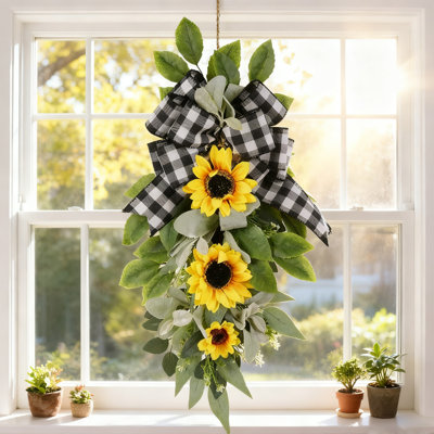 24 Inch Artificial Sunflower Teardrop Swag with Black and White Checkered Bow for Front Door Decor, Indoor Outdoor Window Home Decoration