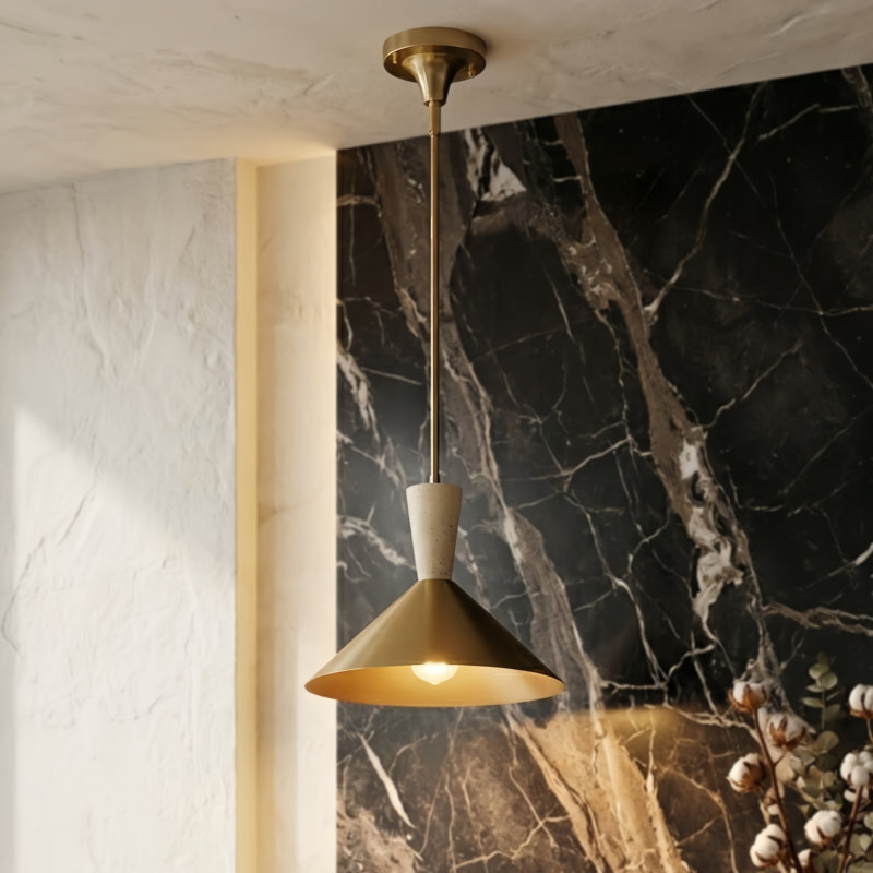 Luminaire suspendu conique moderne en métal à 1 lumière l 14 po Travertine pour îlot de cuisine ou salle à manger