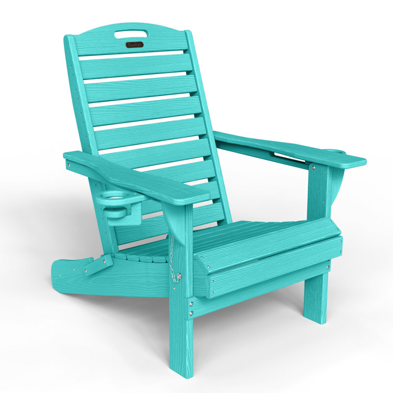 Outdoor Fire Pit Chairs Weather-Resistant HDPE Foldable Outdoor Adirondack Chair With Cup Holder, Lake Blue