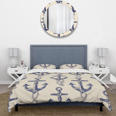 Blue Beige Nautical Anchor - Ensemble de housse de couette nautique