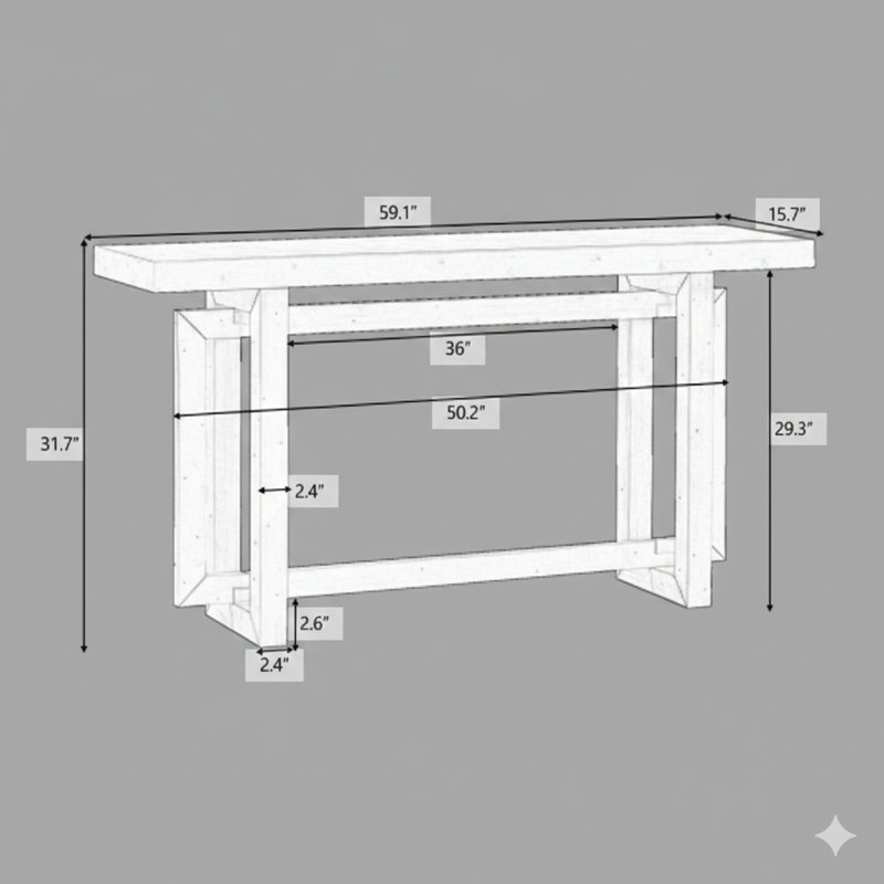 Table d'entrée de 59,1 pouces peinte avec placage de pin, présentant un design triple rectangulaire unique et des pieds en bois de pin épais. Une table de canapé très longue et polyvalente pour les couloirs, les salons et les cuisines.