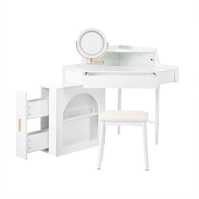 Corner Makeup Vanity Desk With Mirror & LED Lights, Modern Vanity Set With Mirror And Stool, Dressing Table With Large Storage For Small Place, Bright