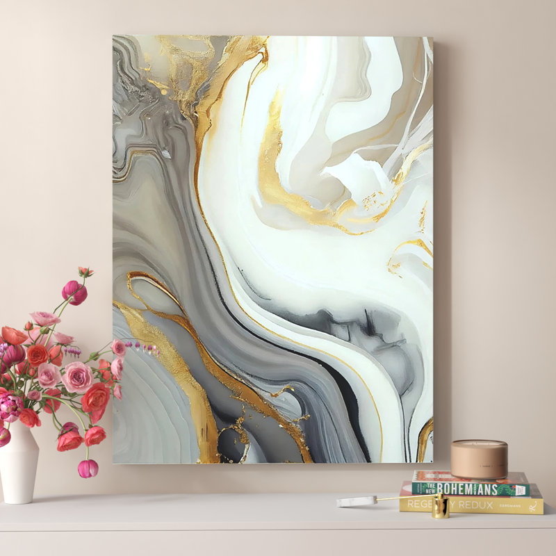 Marbre blanc et or abstrait III - impressions sur toile de marbre abstrait, Toile tendue, H 40 po x l 30 po, Sans cadre