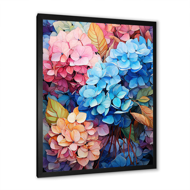 Hortensia bleue et orange II sur toile, H 20 po x l 12 po x P 1 po, Cadre photo noir