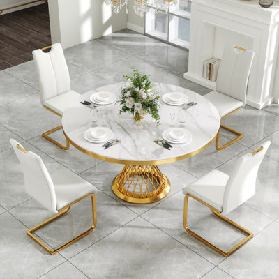 Dining Table Set,47'' Round Marble Dining Table Set for 4-6,Faux Marble Table Top and Stainless Steel Legs& PU Leather Chairs for Kitchen Apartment