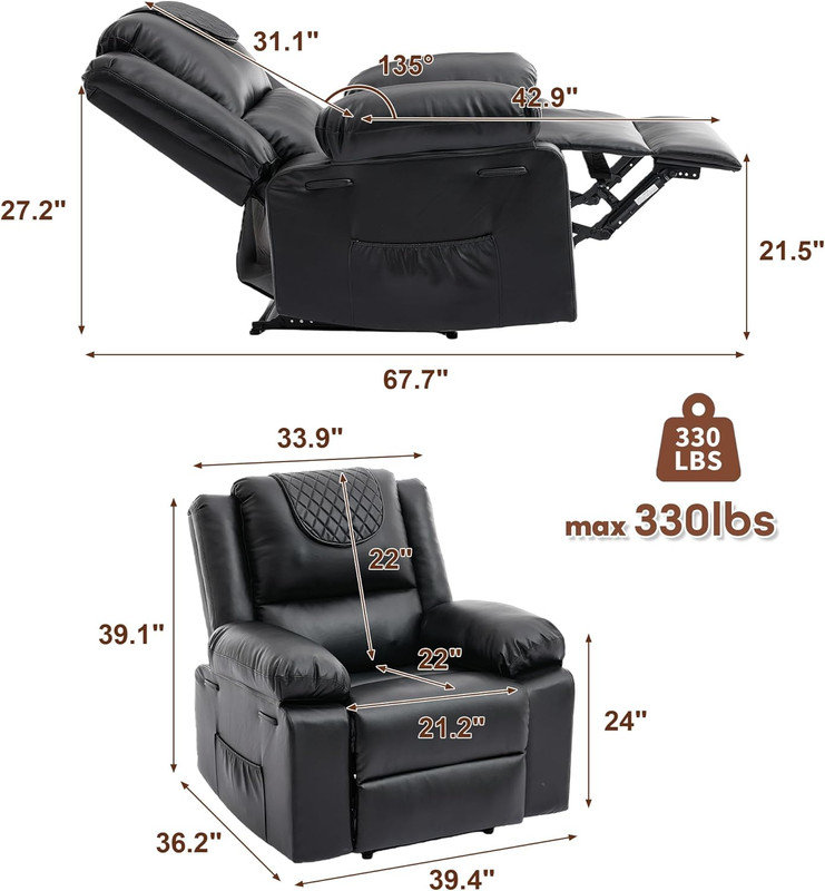 Manual Recliner Chair with Heating & Massage, 135° Adjustable with Storage for Living Room, Black