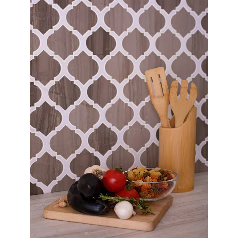 Elysian 10 x 11 Thassos White, Wooden Grey Marble Polished Arabesque Tile (4 Sq Ft/Case) - 5 Pack