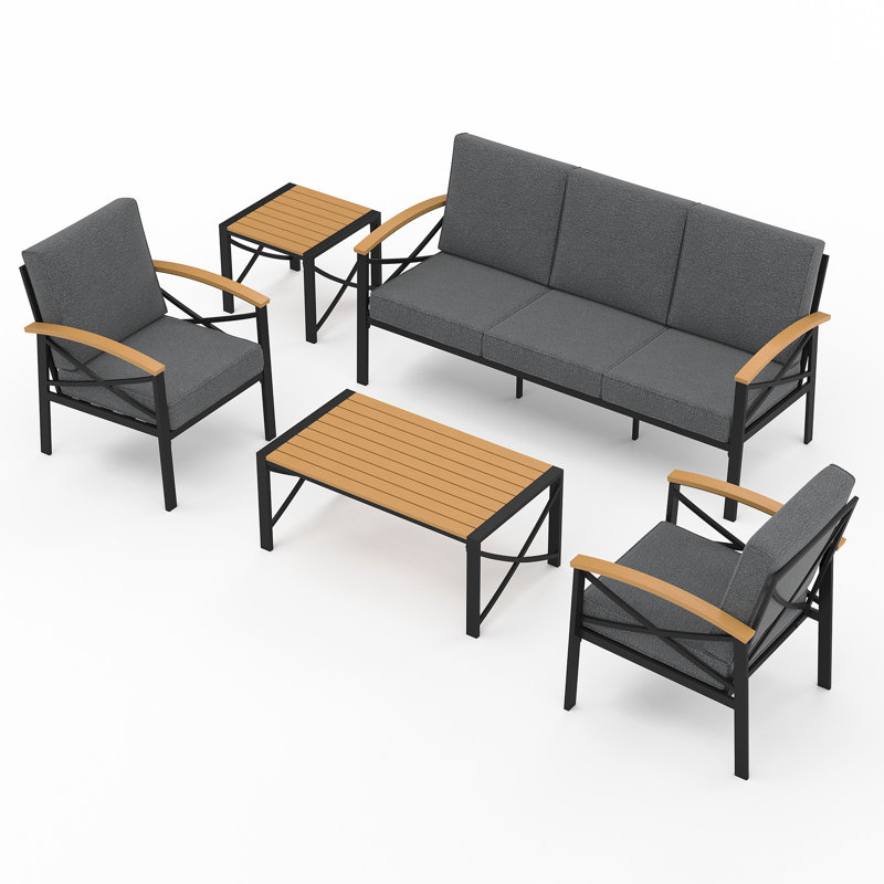 Ensemble de patio extérieur pour 5 personnes, ensemble de conversation extérieur avec coussins résistants aux intempéries, ensemble de mobilier de patio robuste en métal pour la cour arrière, la piscine