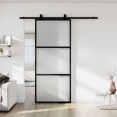 42" x 84" Metal and Frosted Glass Sliding Barn Door with Installation Hardware Kit ( Soft-close Included)