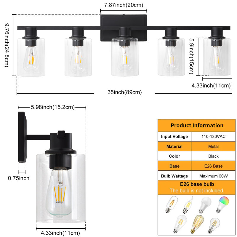 Middlewich 5 - Light Dimmable Vanity Light Mirror Headlights, Matte Black