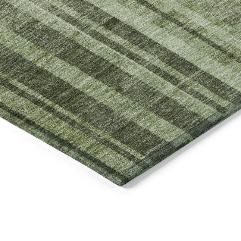 Green and White Striped Synthetic 10' x 14' Washable Rug