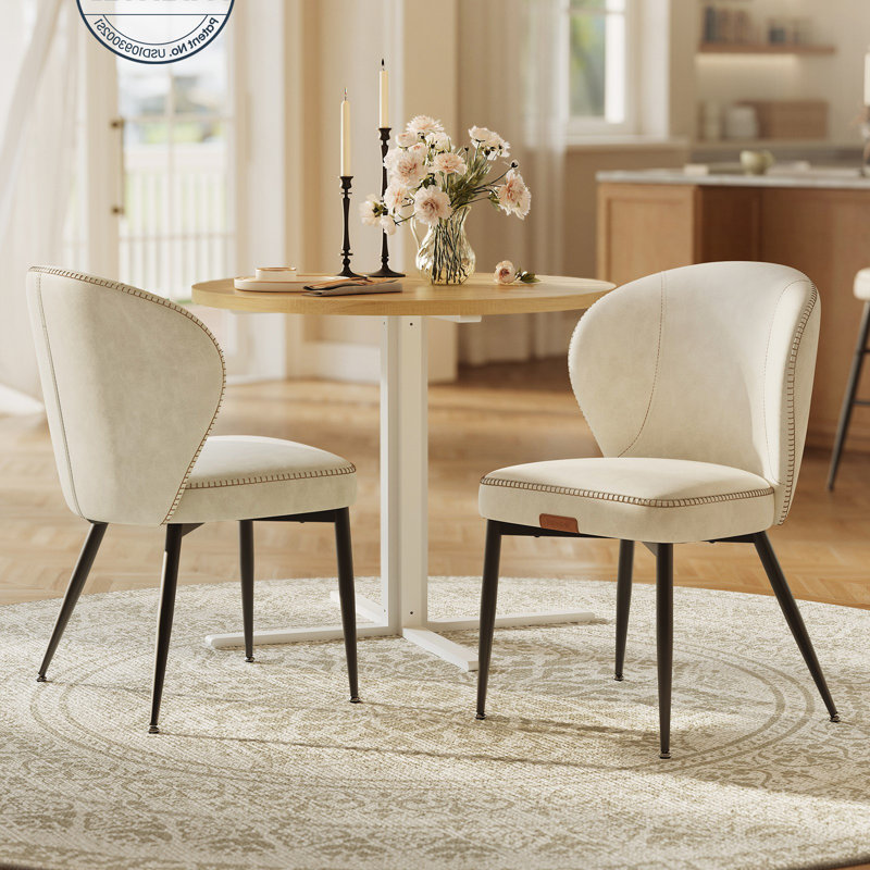 Synthetic Leather Upholstered Dining Chairs with Stitching, Cream White