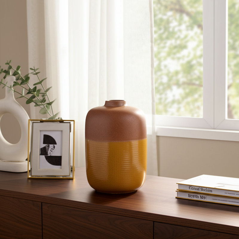 Contemporary Round Ceramic Tall Flower Vase with Glazed Finish for Home Decor - Modern Table Vase for Living Room or Entryway Accent - Brown & Yellow
