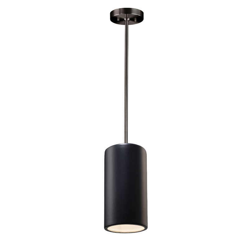 Luminaire suspendu cylindrique à tige rigide DEL, Nickel brossé, Noir mat carbone, H 13 po x l 7 po x P 7 po