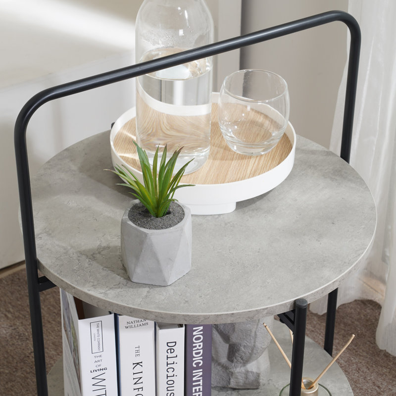 Folding Haarlem Side Table - 2-Tier Cement Finish Wood Top, Industrial Metal End Table with Handle, Gray Wood