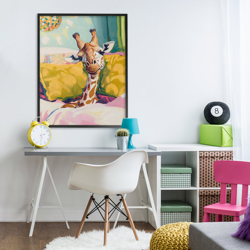 Cozy Giraffe in Bed, giclée encadrée, design par The Prints Vibe, 30 x 24, Midnight Black Giclee Framed