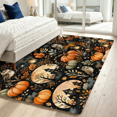 Tapis d'Halloween citrouille d'Halloween à motif de lune et de chouette, tapis décoratif moelleux pour salon, cuisine, chambre, espaces extérieurs et jardin