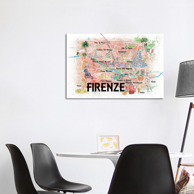 Florence Italy Illustrated Map With Roads Landmarks And Highlights by Markus & Martina Bleichner - Print on Canvas