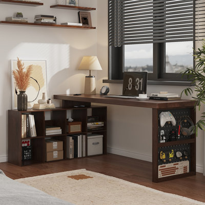 Noyer foncé + bureau en bois massif en forme de L noir + fer