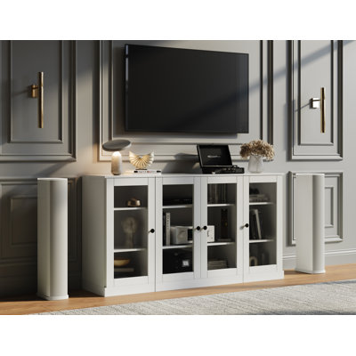 Meuble télé 100% bois massif avec portes en verre transparent et tablettes réglables pour téléviseur de 65 po ou moins