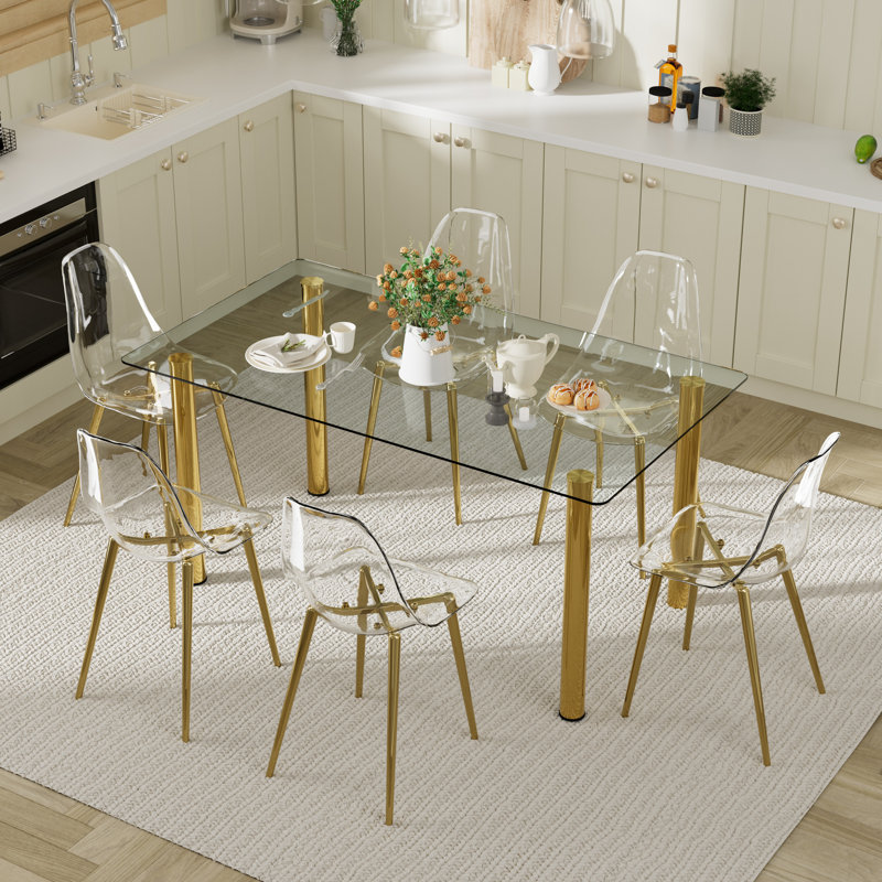 Kelsye 7-Piece Rectangle Clear Dining Set, Gold, Transparent/Gold