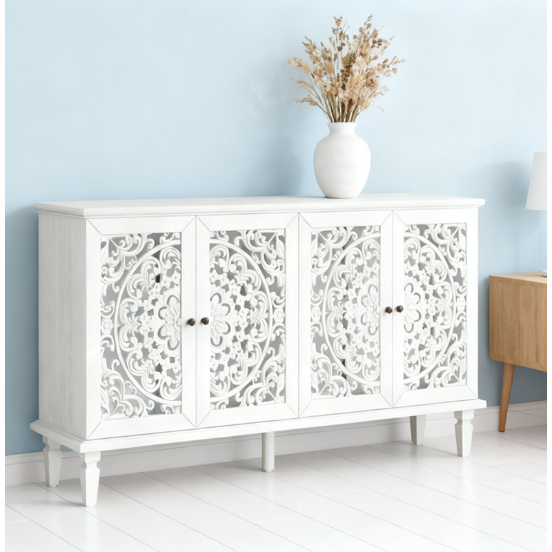 Buffet antique 60 "avec sculptures florales, Blanc antique