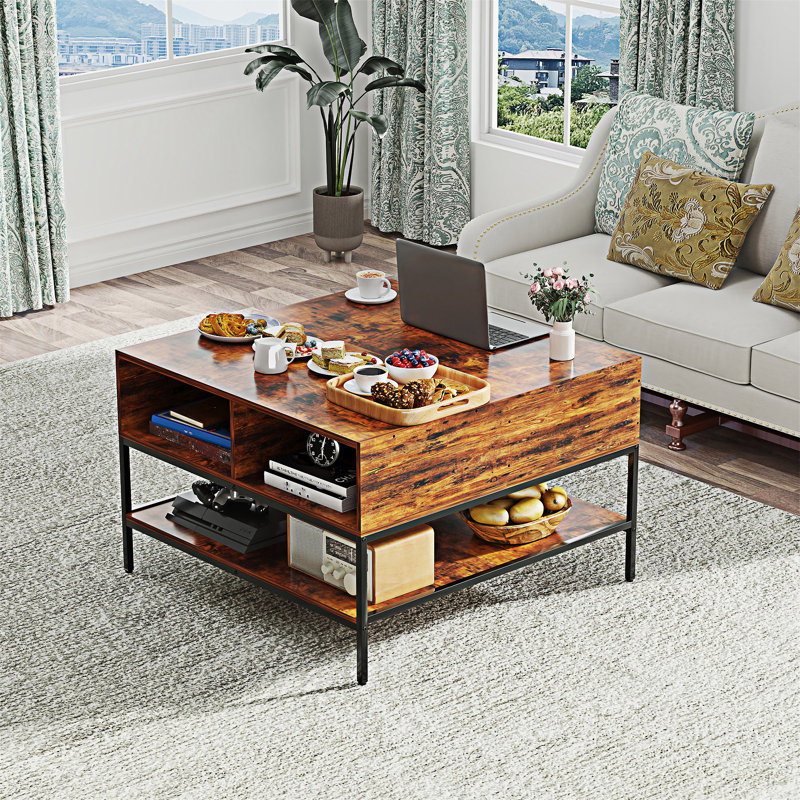 Table basse à plateau rabattable avec compartiment caché et tablettes Farmhouse