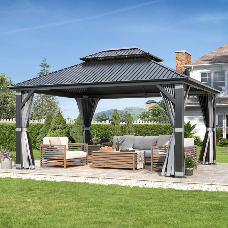 14 ft. W x 12 ft. D Aluminum Patio Gazebo - Galvanized Steel Hardtop Gazebo with Curtain & Nettings, 14 ft. W x 12 ft. D