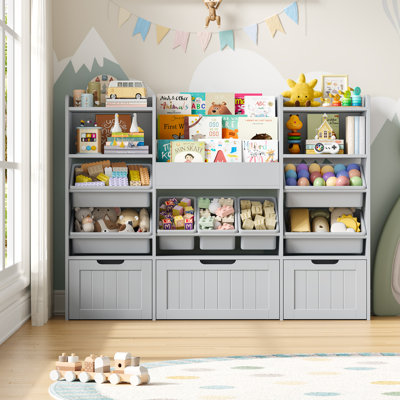 55.9"W Toys Storage Organizer, Kids Bookcases with Stuffed Animal Storage, 3 Movable Drawers, 7 Storage Bins