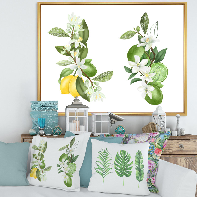 Bouquets de branches de citronnier en fleurs - Impression sur toile, Cadre flottant doré, H 24 po x l 32 po x P 1 po