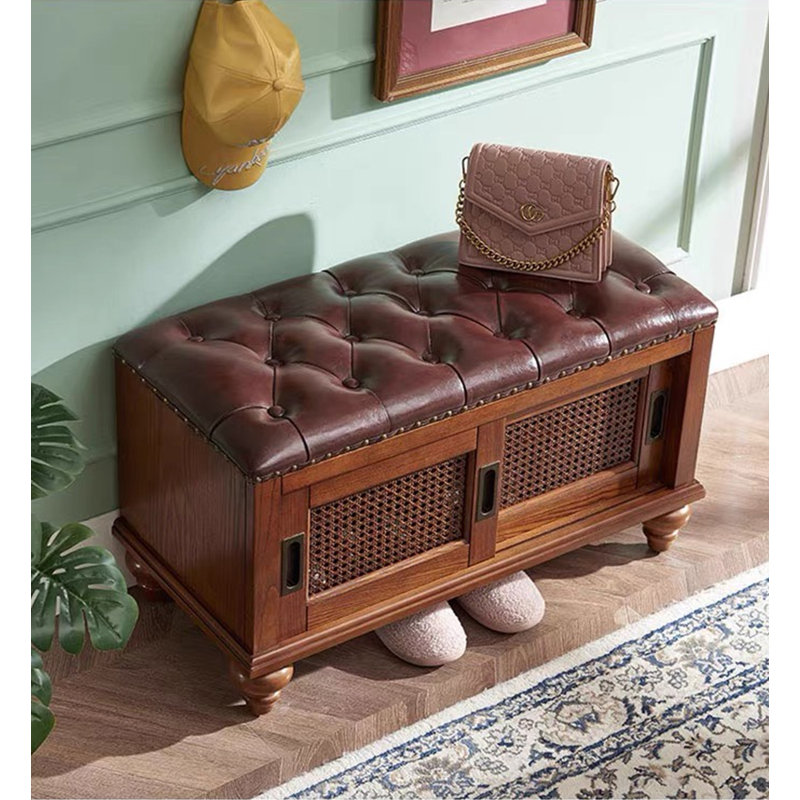 Banc de rangement traditionnel pour chaussures en bois massif avec siège capitonné et insertions en rotin, Brun