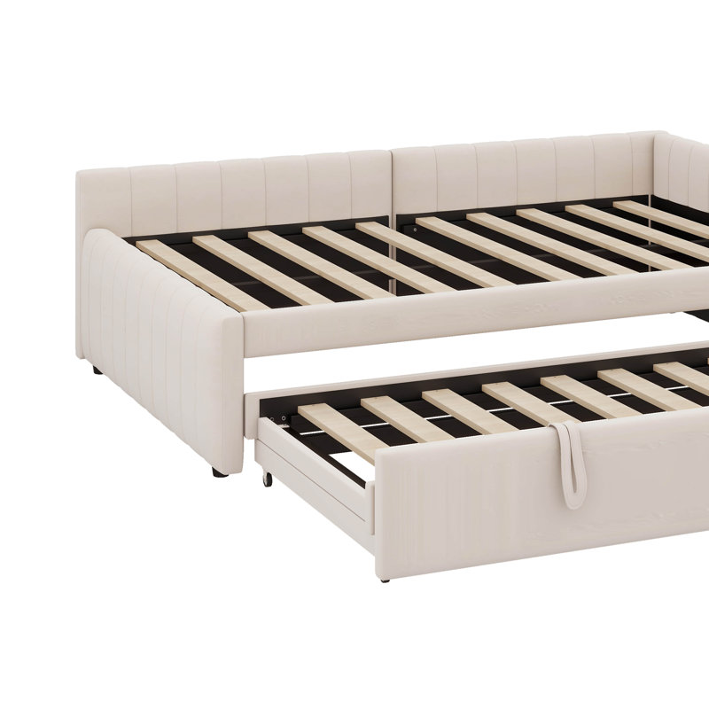 Lit de jour double rembourré en L avec lit gigogne escamotable double, Beige