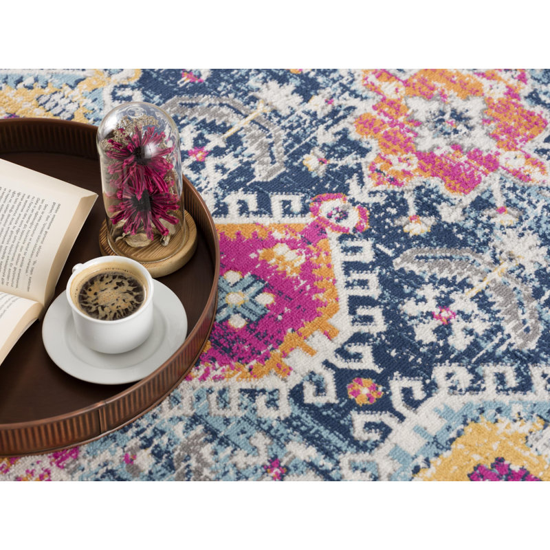 Tapis bleu marine à motif abstrait Kymiere, Tapis de couloir 2 pi 3 po x 10 pi