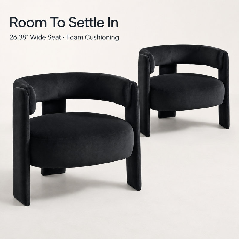Ensemble de 2 fauteuils d'appoint modernes en velours, assise large de 67 cm, style club, avec structure en métal, noir