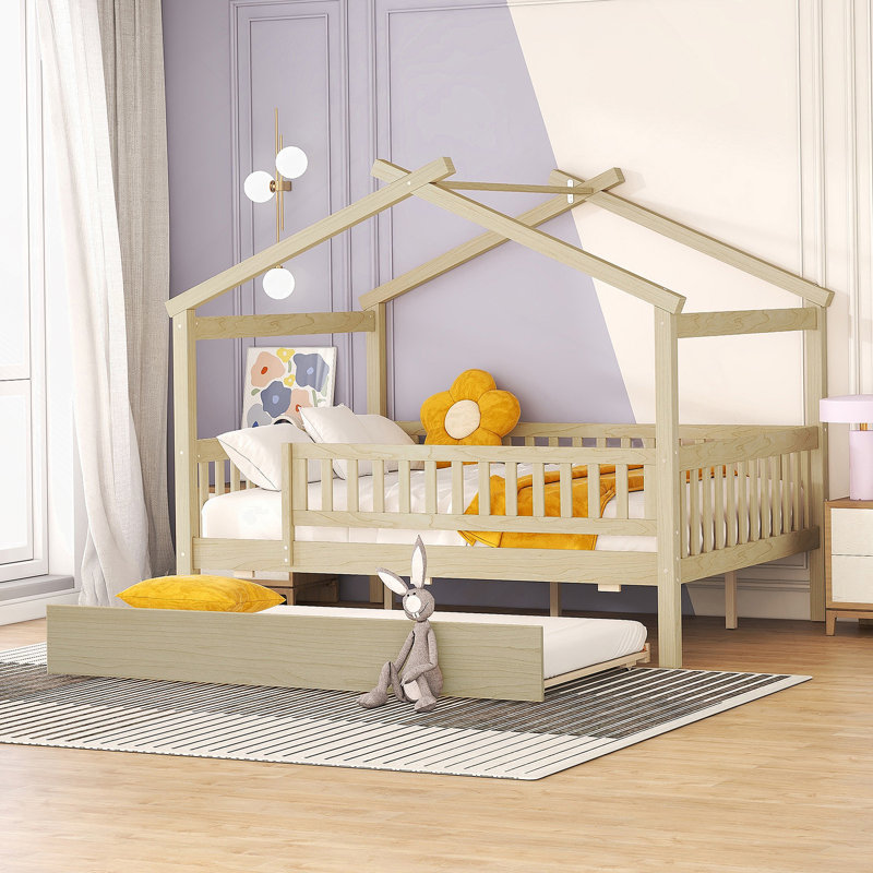 Lit double en bois avec lit gigogne simple, Naturel