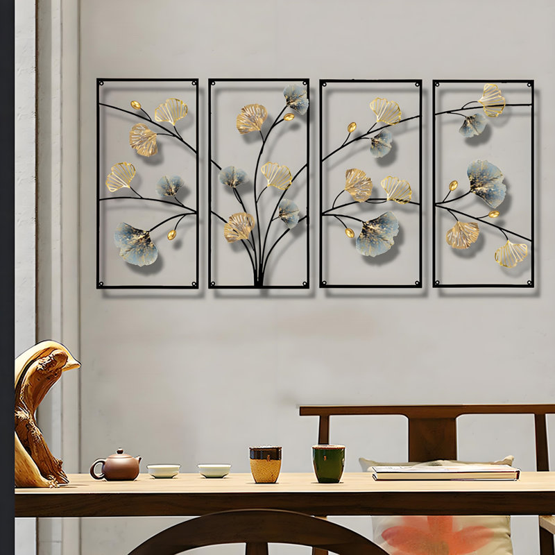 Ensemble de 4 pièces d'art mural en cuir et feuille de ginkgo, décor moderne peint à la main pour le vestibule et le salon