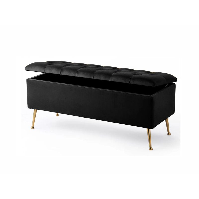 Amara Wide Velvet Tufted Rectangle Storage Ottoman Footstool Upholstered Bench with Legs for Living Room & Bedroom, Black