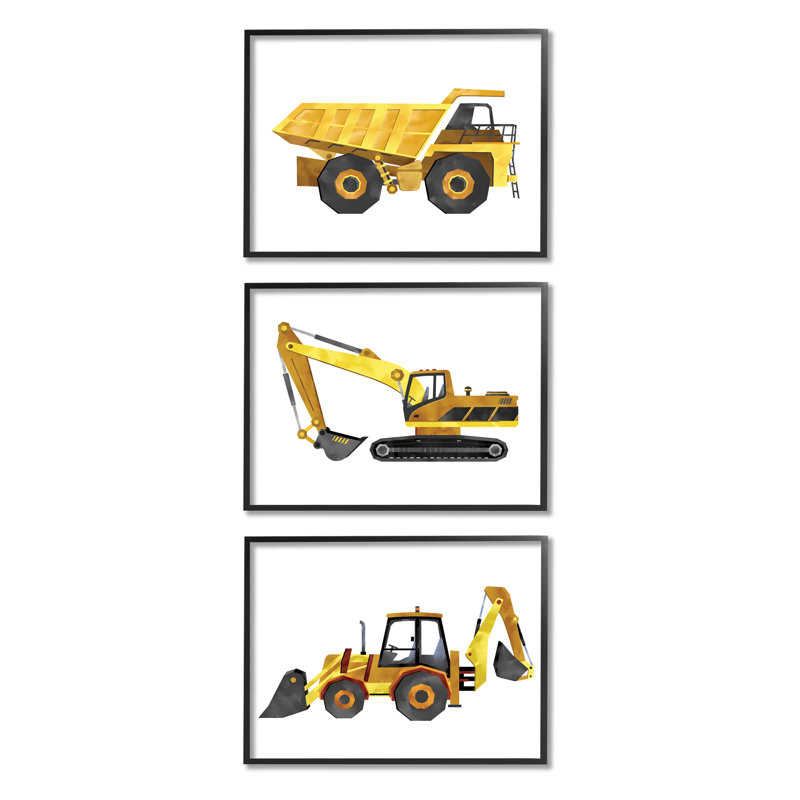 "Construction and DemOLion Camions" jaune par Ziwei Li - ensemble de 3 impressions, Giclée encadrée noir minuit