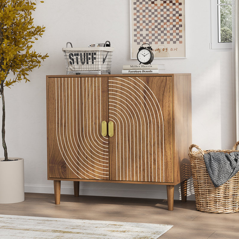 Walnut Wood Buffet Cabinet With Line Groove Design,Sideboard Buffet Cabinet With Storage,Multifunctional Accent Cabinet  For Living Room,Entryway,Hallway,Office,Kitchen