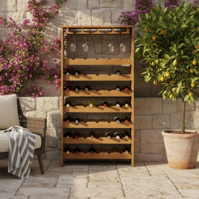 Support à vin Sana, 7 niveaux avec 4 supports et verres à pied, chêne brun, 48 pouces